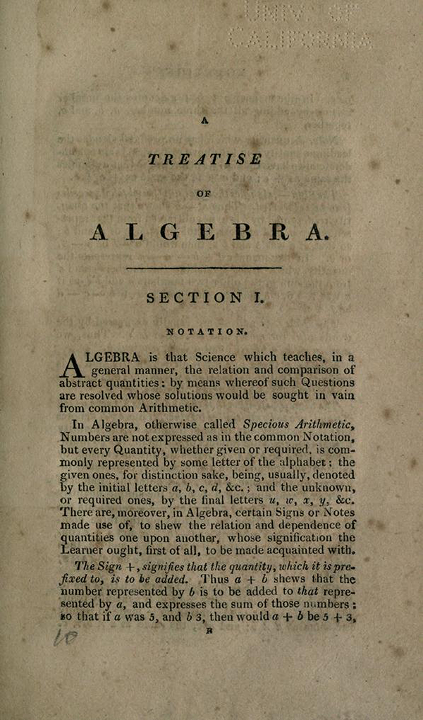 First page of A Treatise of Algebra, tenth edition, 1826, by Thomas Simpson