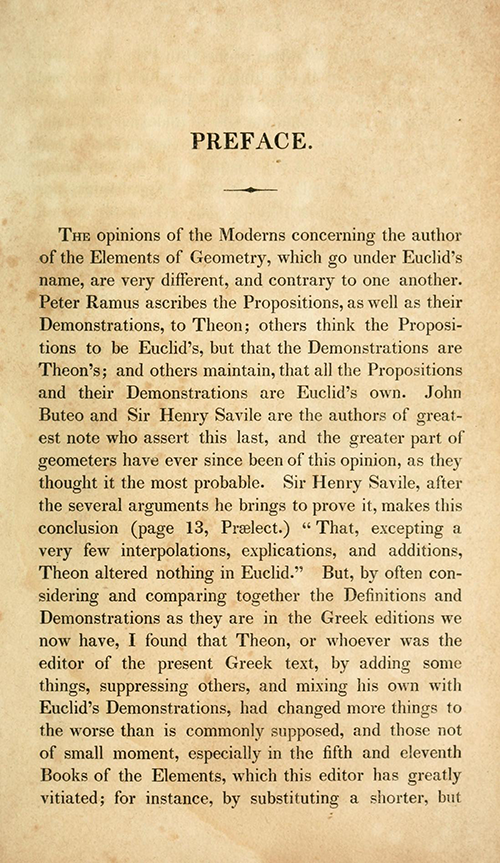 Page 1 of preface of Elements of Euclid by Robert Simson (1834)