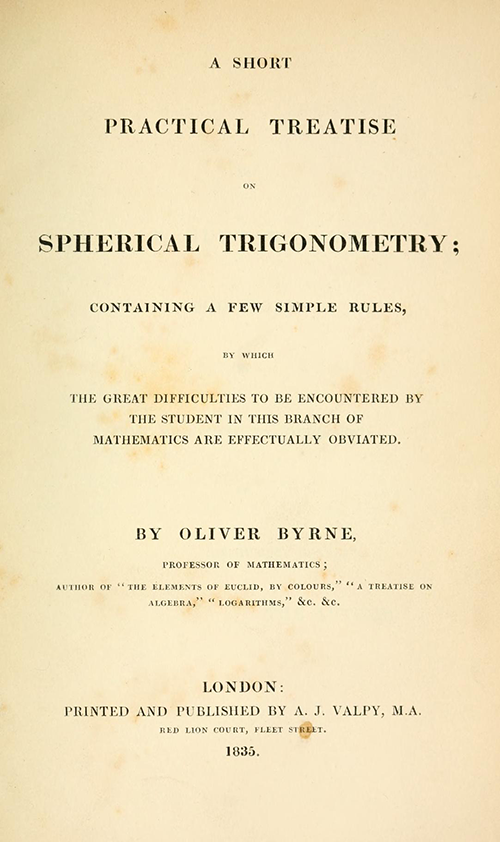 Title page from Oliver Byrne's 1835 textbook on spherical trigonometry.