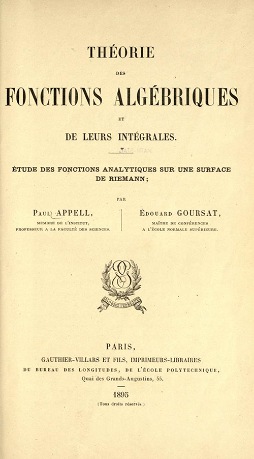 Title page of Théorie des fonctions algébriques by Appell and Goursat, 1895