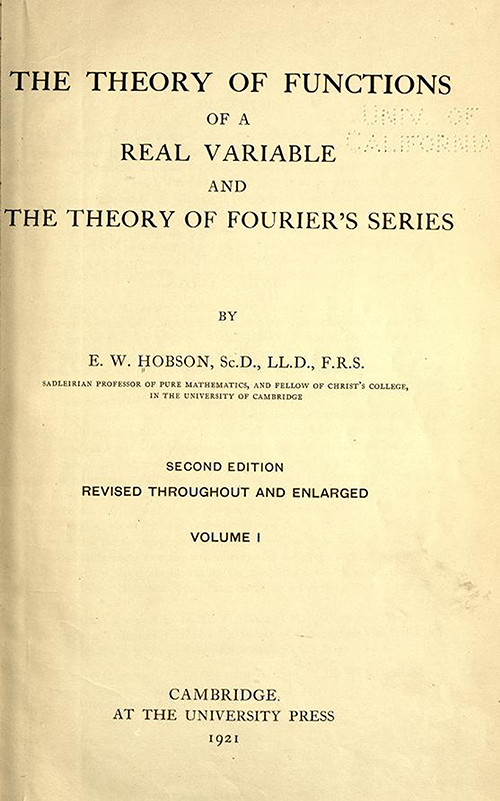 Title page of Theory of Functions of a Real Variable by Ernest Hobson from 1921