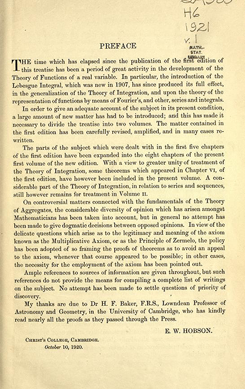 Preface to second edition of Theory of Functions of a Real Variable by Ernest Hobson from 1921