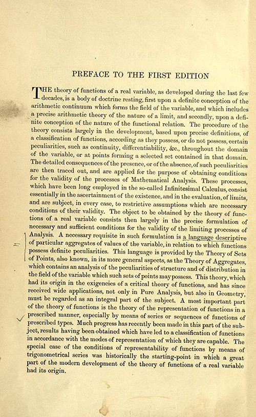 First page of the preface to the first edition of Theory of Functions of a Real Variable by Ernest Hobson from 1921