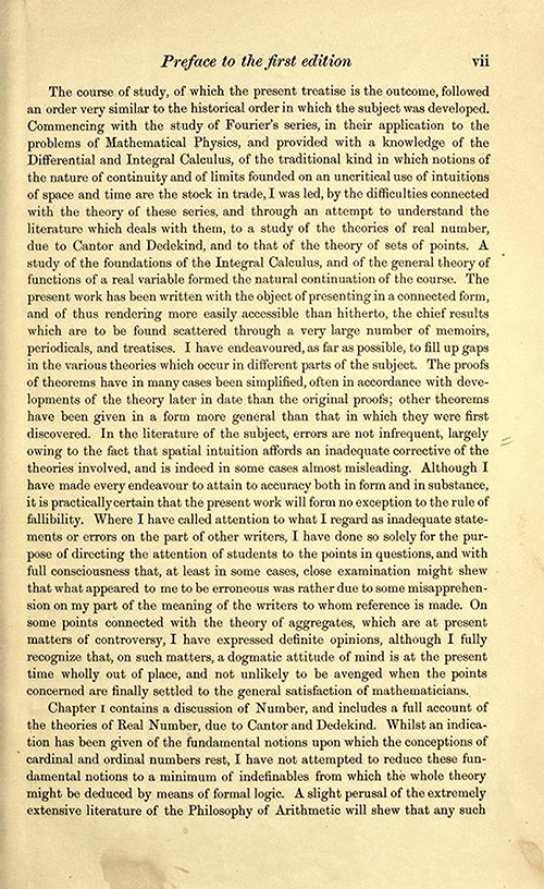 Second page of the preface to the first edition of Theory of Functions of a Real Variable by Ernest Hobson from 1921