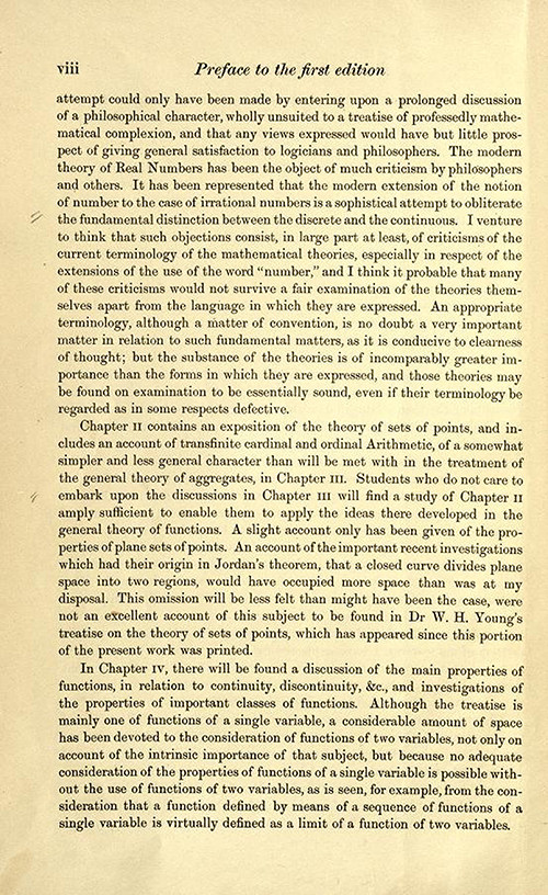 Third page of the preface to the first edition of Theory of Functions of a Real Variable by Ernest Hobson from 1921