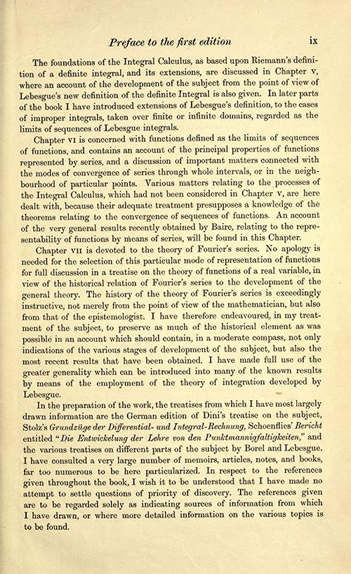 Fourth page of the preface to the first edition of Theory of Functions of a Real Variable by Ernest Hobson from 1921