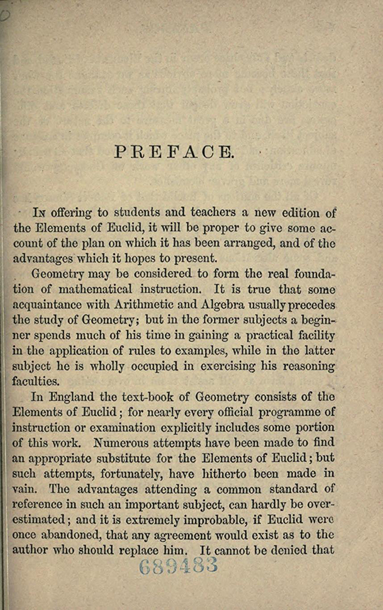 First page of preface to The Elements of Euclid by Isaac Todhunter, 1872
