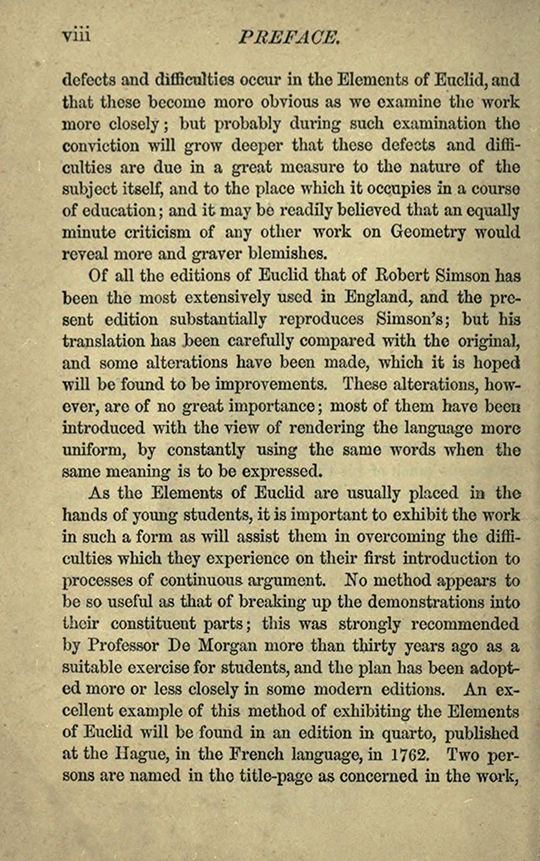Second page of preface to The Elements of Euclid by Isaac Todhunter, 1872