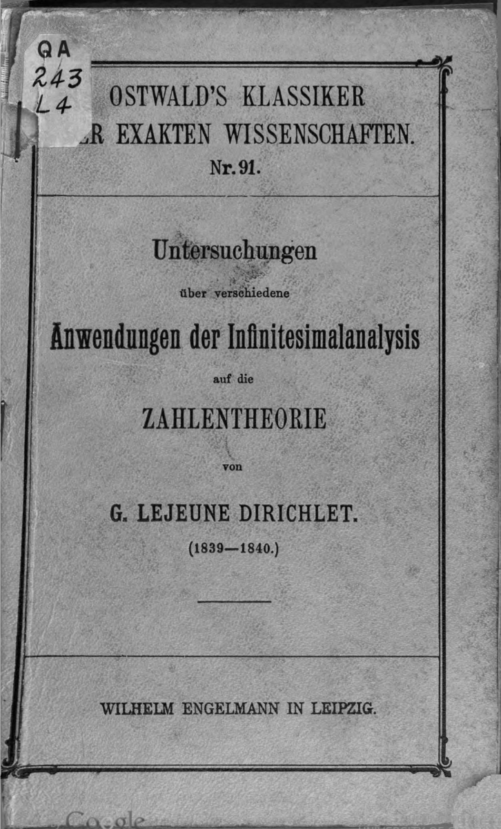 Cover of a reprinted treatise on number theory written by Dirichlet in 1839-40.
