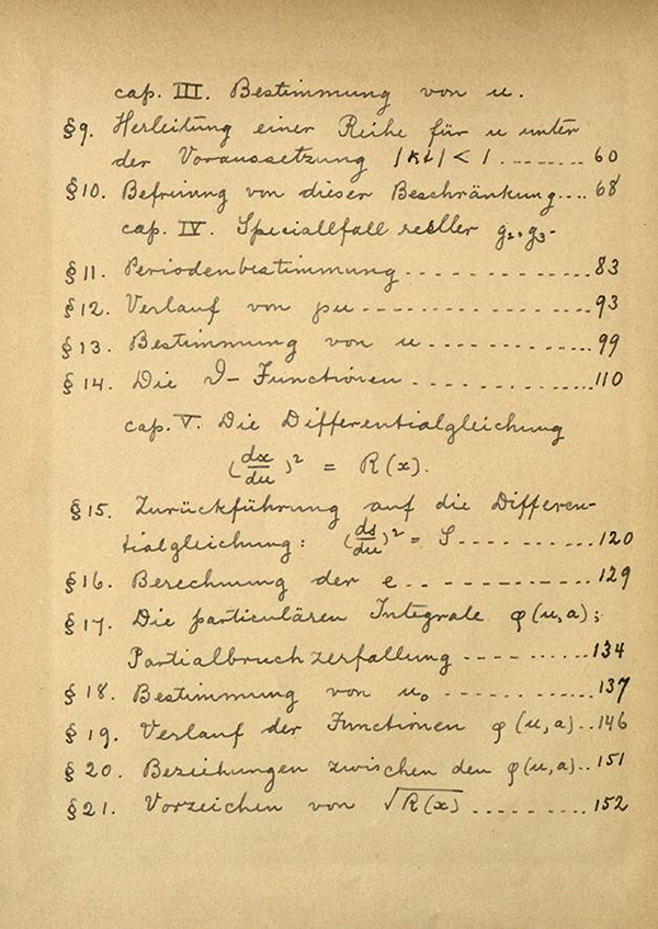 Second page of table of contents from Axel Harnack's notes on lectures on elliptic functions by Weierstrass, 1887
