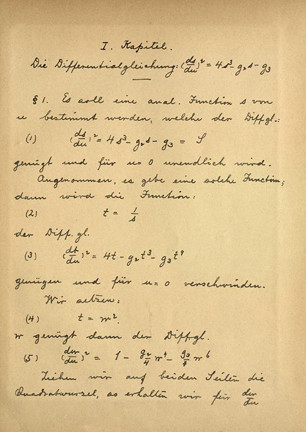 Page 1 from Axel Harnack's notes on lectures on elliptic functions by Weierstrass, 1887