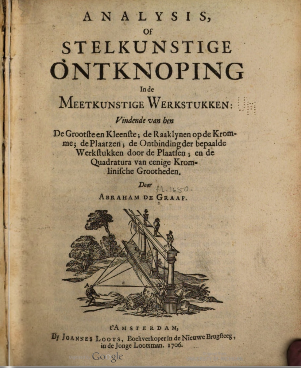 Title page of Abraham de Graaf's Analysis of stelkunstige ontknoping in de meetkunstige werkstukken.