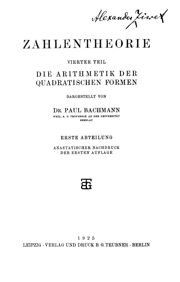 Title page of part one of Die Arithmetik der quadratischen Formen by Paul Bachmann, 1925
