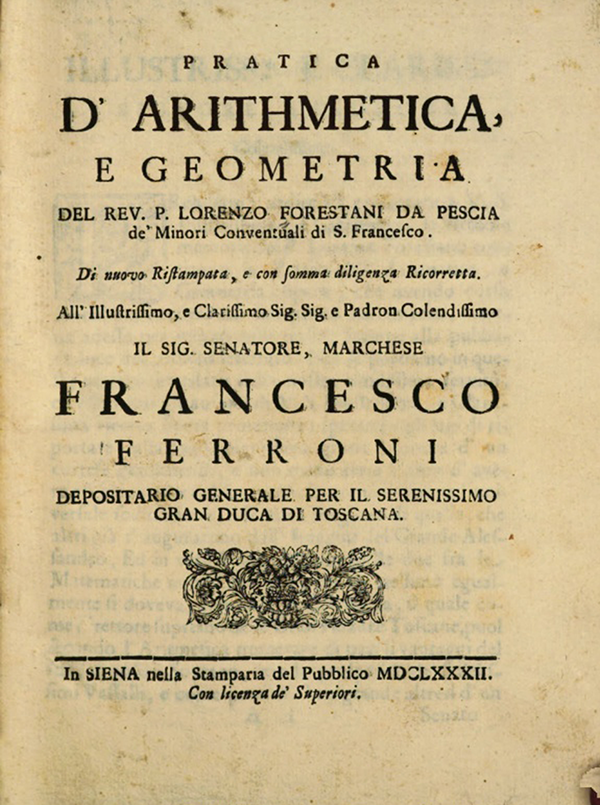 Title page of Pratica d’arithmetica e geometria by Lorenzo Forestani, 1682