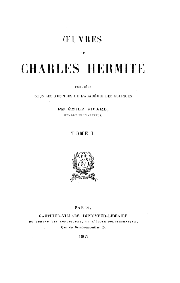 Title page of first volume of Œuvres de Charles Hermite, 1905