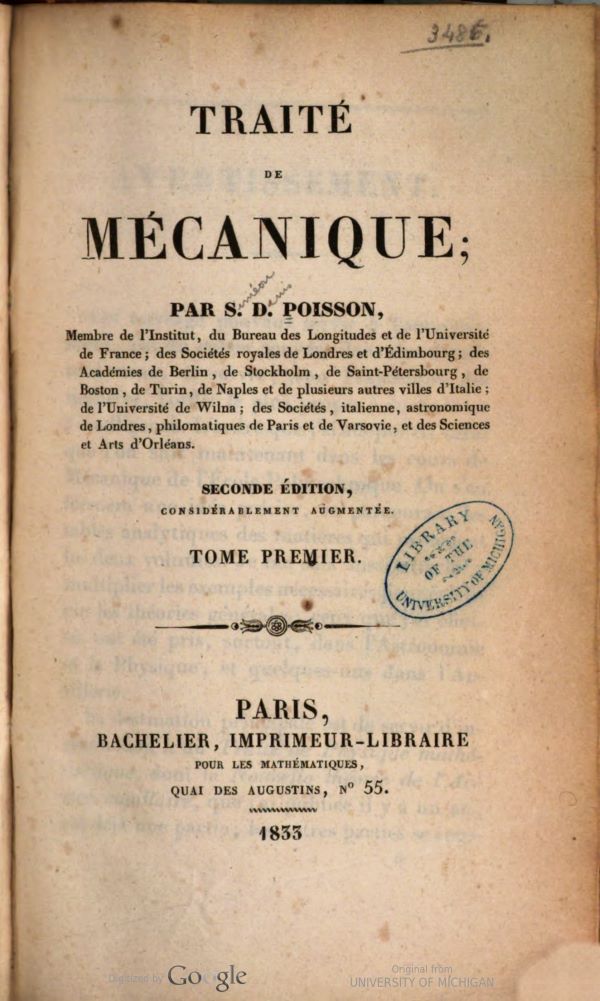 Title page of Traité de mécanique by Siméon-Denis Poisson, second edition, 1833