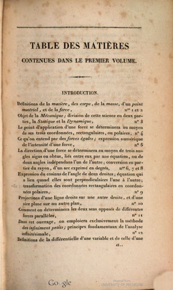 First page of table of contents from Traité de mécanique by Siméon-Denis Poisson, second edition, 1833
