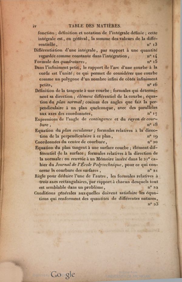 Second page of table of contents from Traité de mécanique by Siméon-Denis Poisson, second edition, 1833