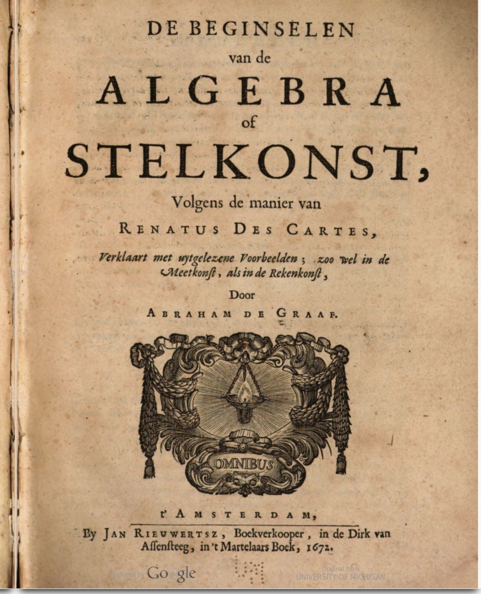Title page of Abraham de Graaf's De beginselen van de algebra of stelkonst.