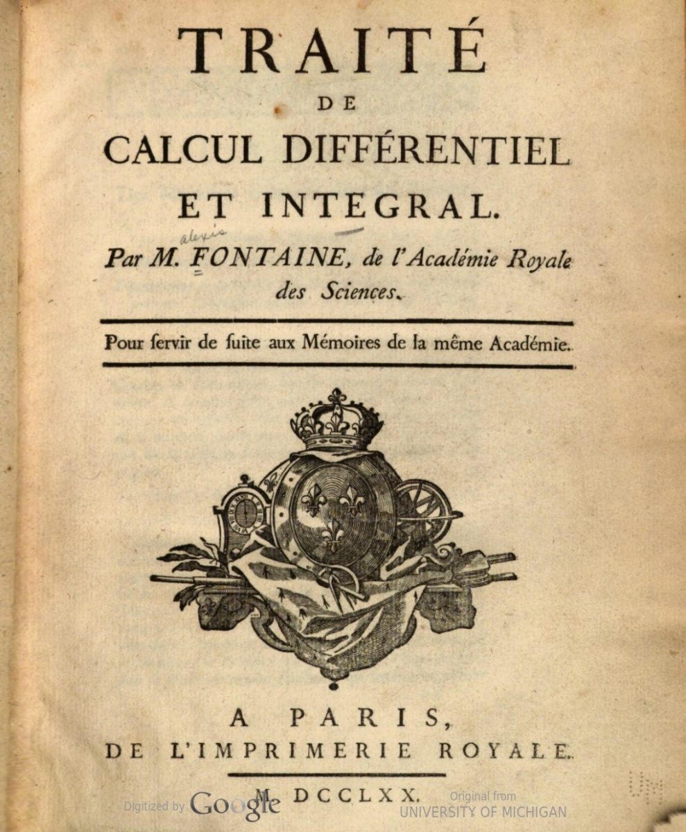 Title page of Alexis Fontaine's 1770 Traité de calcul différentiel et intégral.