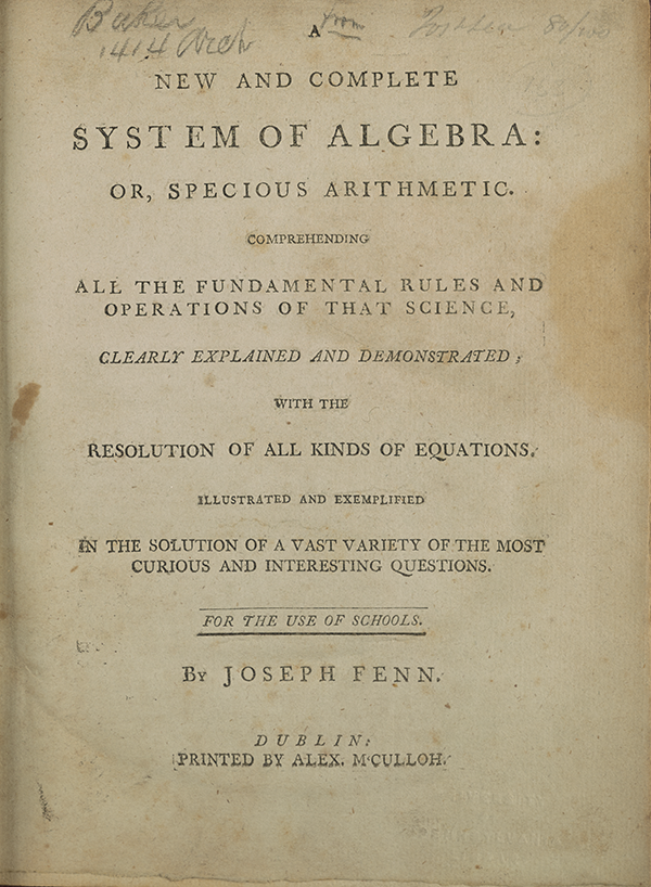 Title page for Joseph Fenn's 1767 algebra textbook.