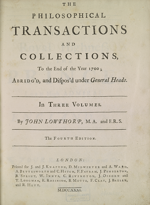 Title page from 1705 collection of mathematical papers from Philosophical Transactions.