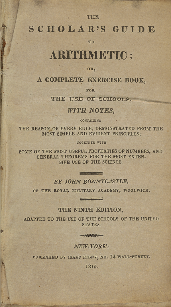 Title page for John Bonnycastle's arithmetic textbook.