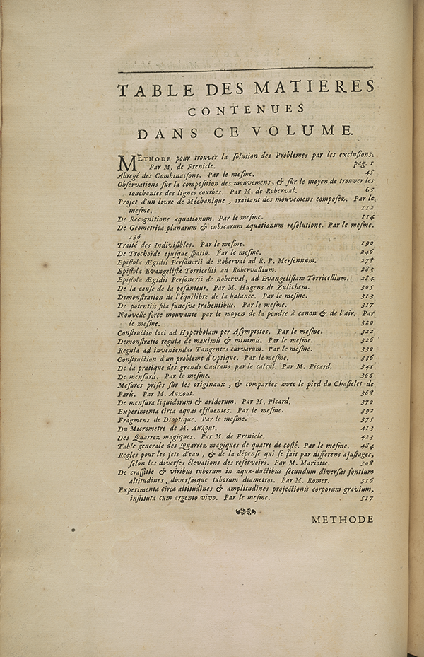Table of contents from 1693 volume published by French Academy of Sciences.