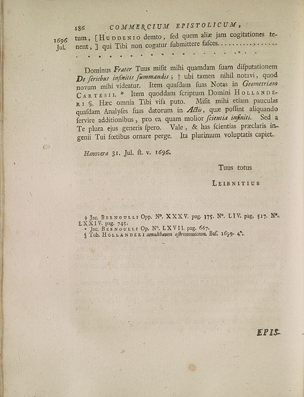Page 186 of correspondence between Leibniz and Johannes Bernoulli.