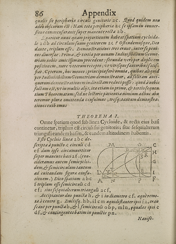 Appendix page 86 from Torricelli's 1644 treatise on geometry.