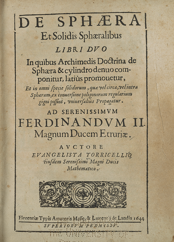 Title page from Torricelli's 1644 treatise on geometry.