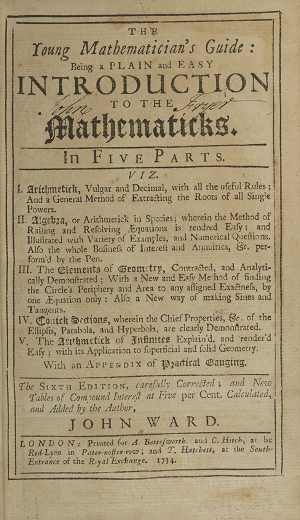 Title page for John Ward's Young Mathematician's Guide.