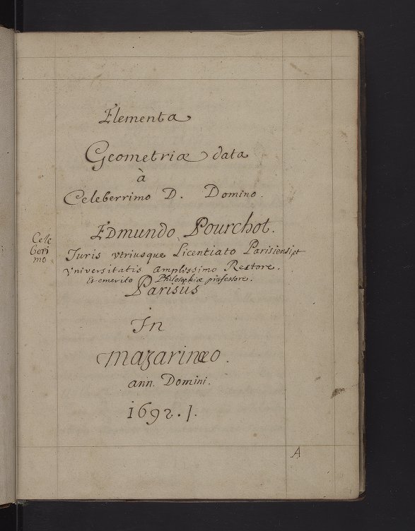 Cover page for Edmund Pourchot's 1692 manuscript Elementa Geometria.