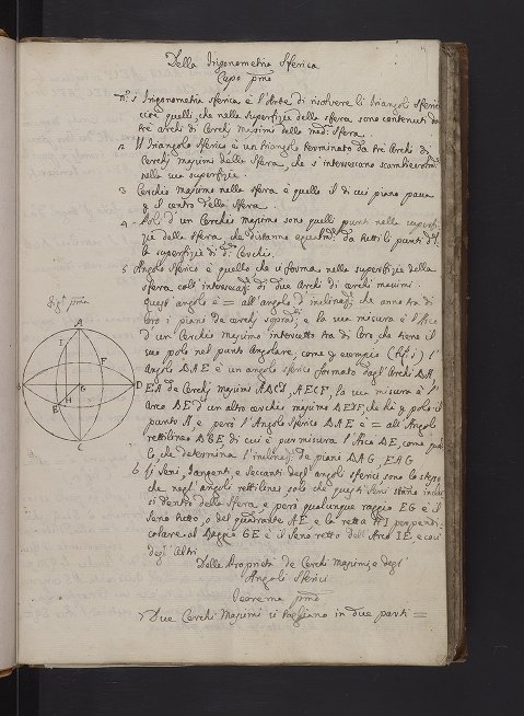 Sample page from 18th-century Italian notebook on trigonometry.