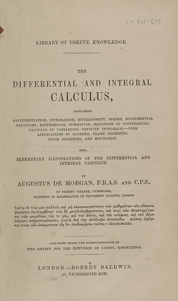 Title page of Augustus De Morgan's 1842 calculus textbook.