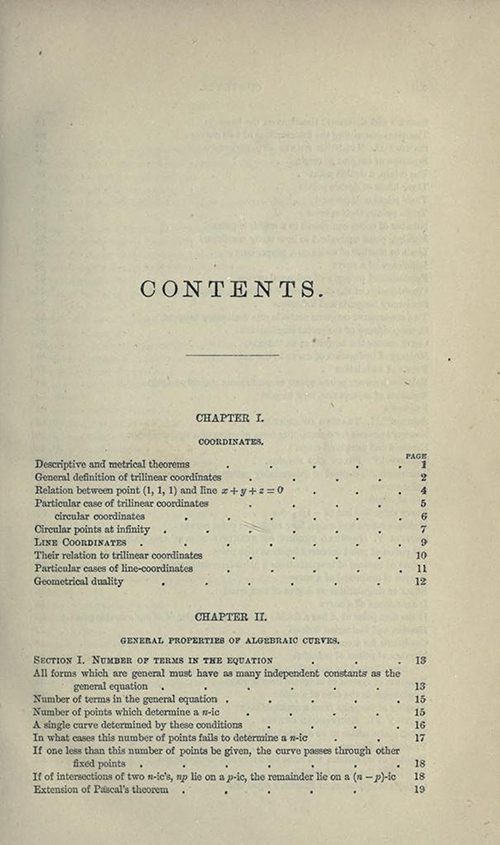 First page from table of contents to Treatise on Higher Plane Curves by George Salmon, third edition, 1879