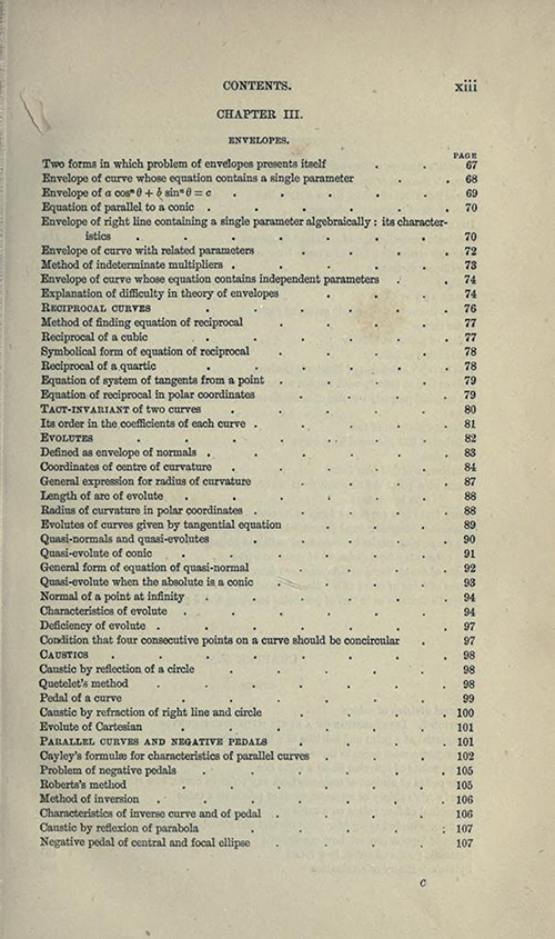 Third page from table of contents to Treatise on Higher Plane Curves by George Salmon, third edition, 1879