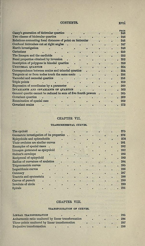 Seventh page from table of contents to Treatise on Higher Plane Curves by George Salmon, third edition, 1879