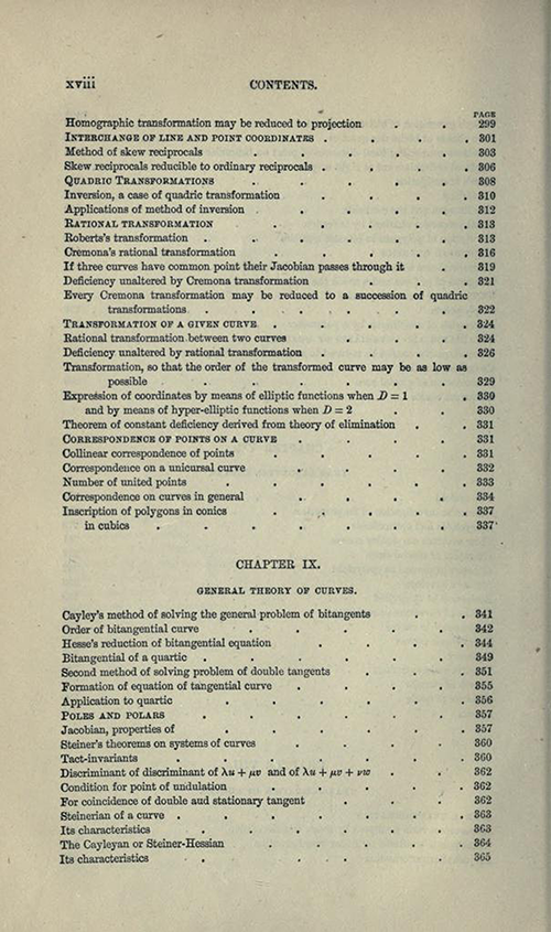 Eighth page from table of contents to Treatise on Higher Plane Curves by George Salmon, third edition, 1879