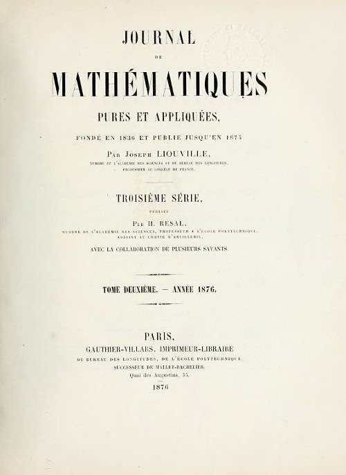 Title page of Volume 2, Series 3 of Journal de Mathématiques Pures et Appliquées, 1876