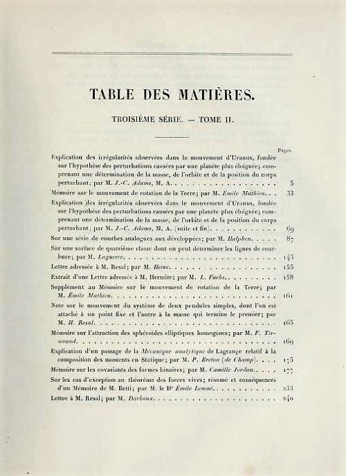 First page of table of contents of Volume 2, Series 3 of Journal de Mathématiques Pures et Appliquées, 1876