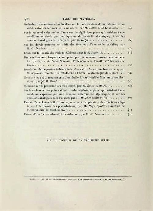Second page of table of contents of Volume 2, Series 3 of Journal de Mathématiques Pures et Appliquées, 1876
