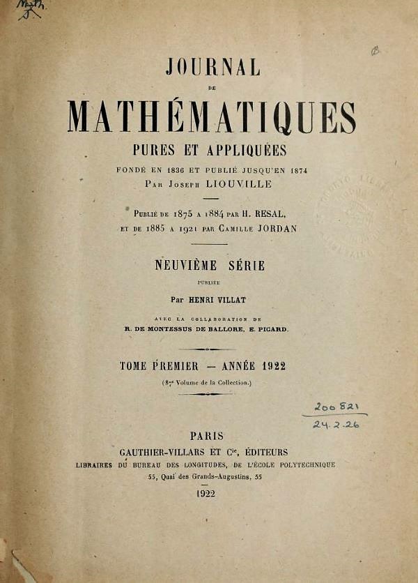 Title page of Volume 1, Series 9 of Journal de Mathématiques Pures et Appliquées, 1922