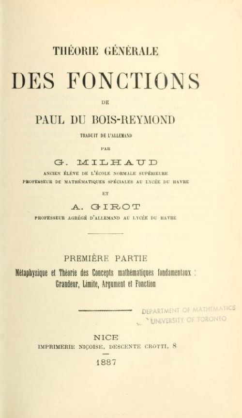 Title page of Theorie Generale Des Fonctions by Paul du Bois-Reymond, 1887