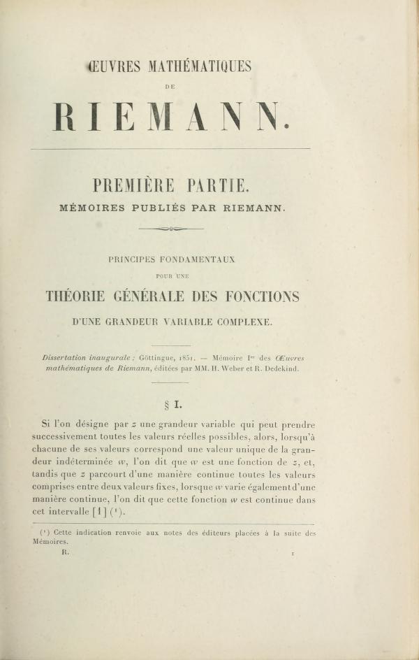 First page of the text Oeuvres mathématiques de Riemann, 1898