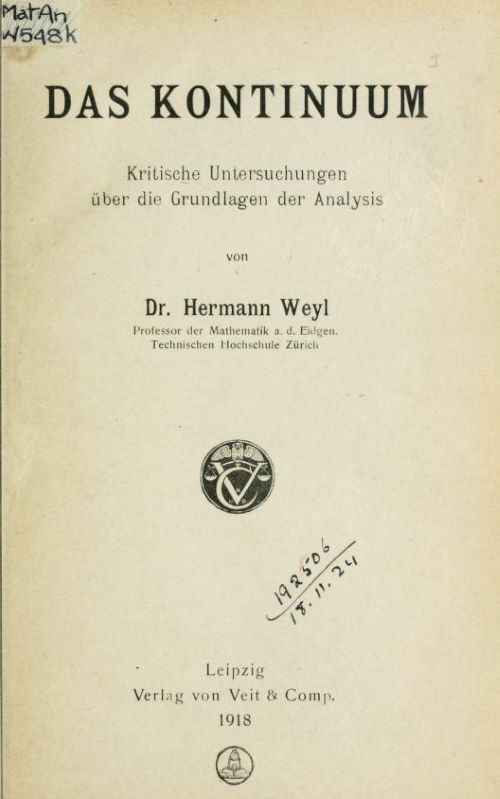 Title page of Das Kontinuum by Hermann Weyl, 1918