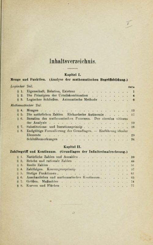 Table of contents of Das Kontinuum by Hermann Weyl, 1918