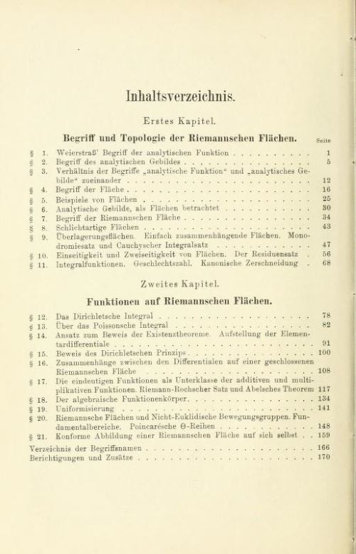 Table of contents of Die Idee der Riemannschen Flache by Hermann Weyl, 1913