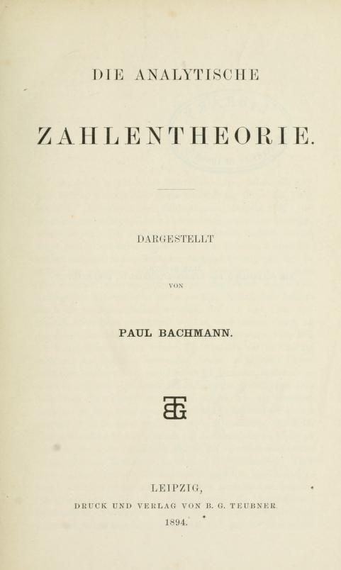 Title page of Die analytische Zahlentheorie by Paul Bachmann, 1894