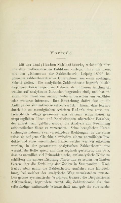 First page of the preface to Die analytische Zahlentheorie by Paul Bachmann, 1894